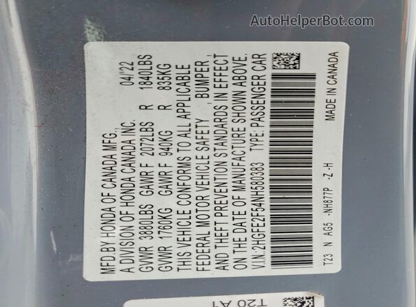 2HGFE2F54NH580383 2022 HONDA CIVIC Gray Engine compartment view