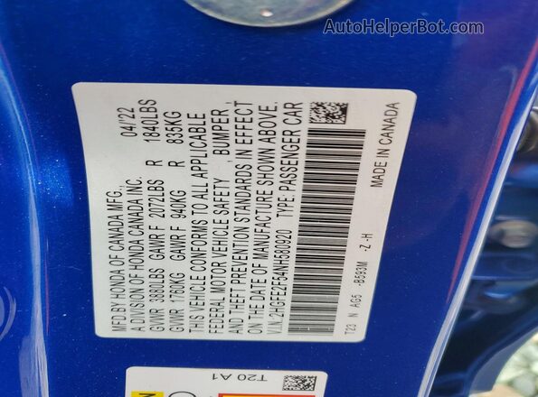 2HGFE2F54NH580920 2022 HONDA CIVIC Blue Вид наклейки з VIN-кодом