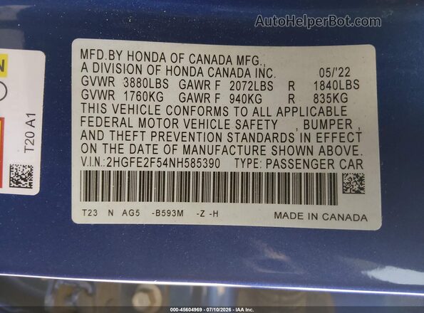 2HGFE2F54NH585390 2022 HONDA CIVIC Blue ძრავის განყოფილების ხედი