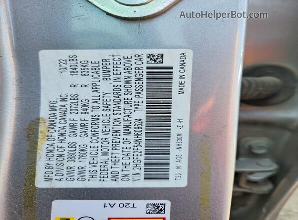 2HGFE2F54NH609624 2022 HONDA CIVIC Gray VIN կոդի պիտակի տեսք