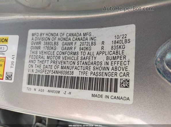 2HGFE2F54NH609638 2022 HONDA CIVIC Silver Vista del compartimento del motor