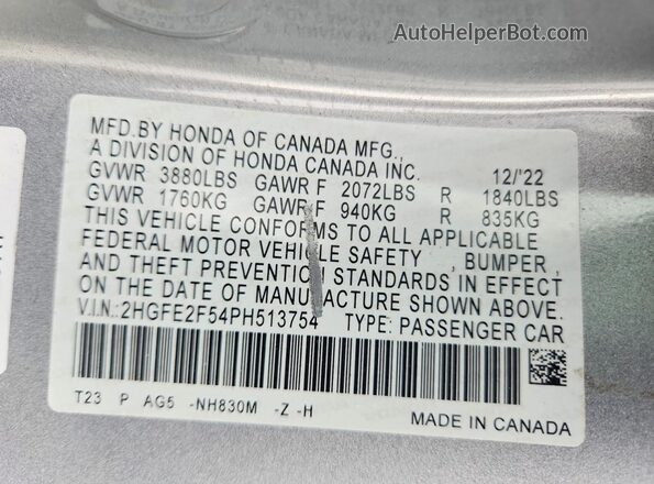 2HGFE2F54PH513754 2023 HONDA CIVIC Silver Engine compartment view