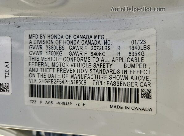 2HGFE2F54PH518596 2023 HONDA CIVIC White Vista del compartimento del motor