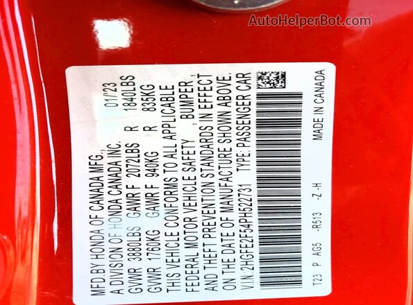 2HGFE2F54PH522731 2023 HONDA CIVIC Red Շարժիչի բաժամունքի տեսք