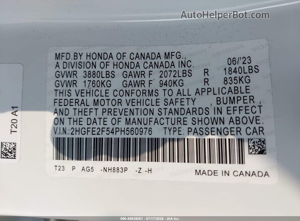 2HGFE2F54PH560976 2023 HONDA CIVIC White Widok komory silnika