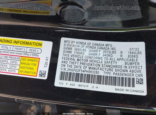 2HGFE2F54PH563280 2023 HONDA CIVIC Black Widok komory silnika