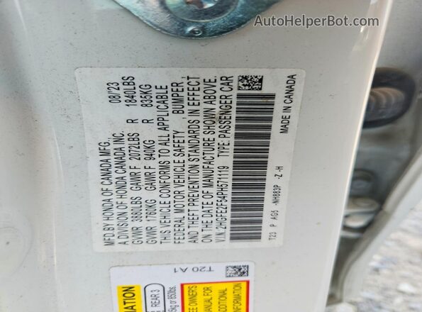 2HGFE2F54PH571119 2023 HONDA CIVIC White VIN კოდის სტიკერის ხედი