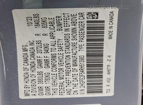 2HGFE2F54RH513983 2024 HONDA CIVIC Gray Շարժիչի բաժամունքի տեսք