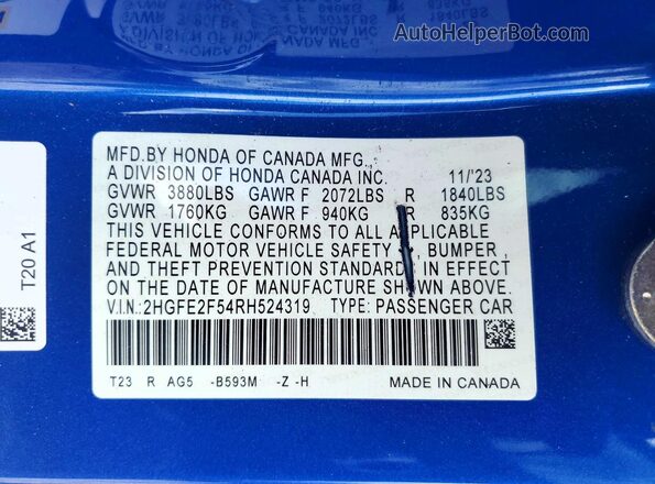 2HGFE2F54RH524319 2024 HONDA CIVIC Blue Вид підкапотного простору