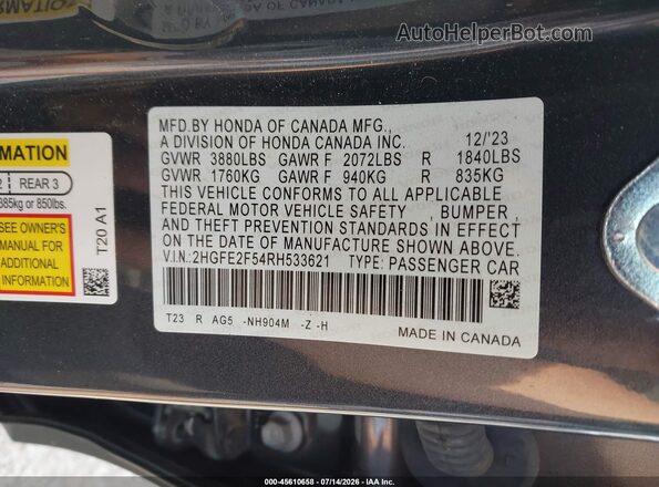 2HGFE2F54RH533621 2024 HONDA CIVIC Gray ძრავის განყოფილების ხედი
