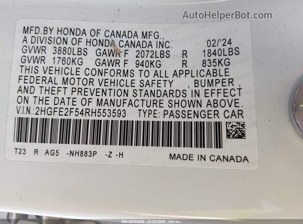 2HGFE2F54RH553593 2024 HONDA CIVIC White Vista del compartimento del motor