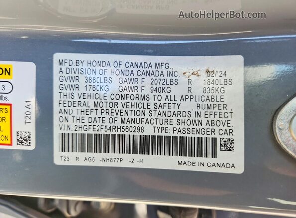 2HGFE2F54RH560298 2024 HONDA CIVIC Gray VIN կոդի պիտակի տեսք