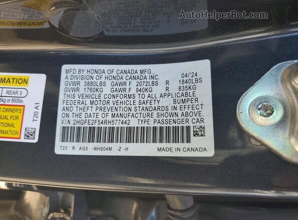 2HGFE2F54RH577442 2024 HONDA CIVIC Gray Вид підкапотного простору