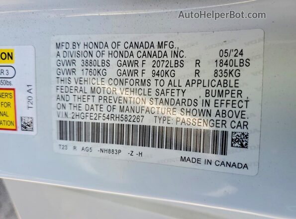 2HGFE2F54RH582267 2024 HONDA CIVIC White Widok komory silnika