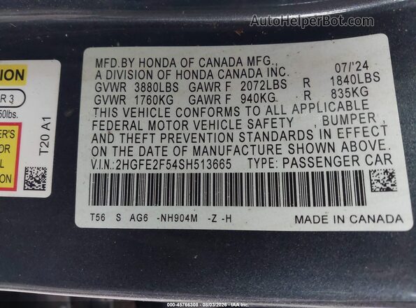 2HGFE2F54SH513665 2025 HONDA CIVIC Gray Շարժիչի բաժամունքի տեսք