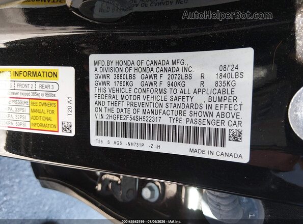 2HGFE2F54SH522317 2025 HONDA CIVIC Black Vista del compartimento del motor