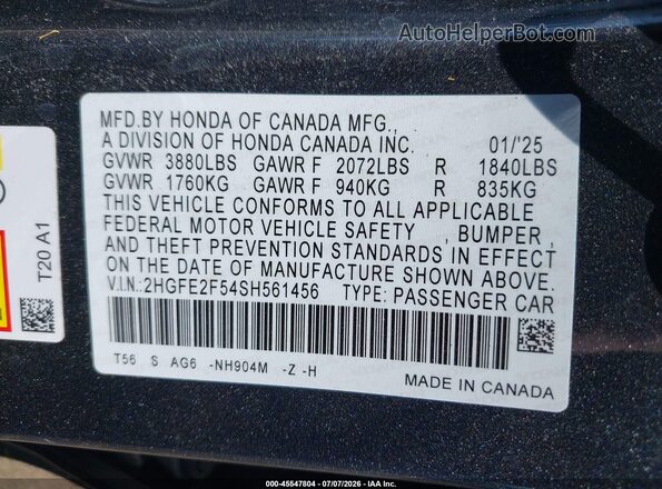 2HGFE2F54SH561456 2025 HONDA CIVIC Gray Շարժիչի բաժամունքի տեսք