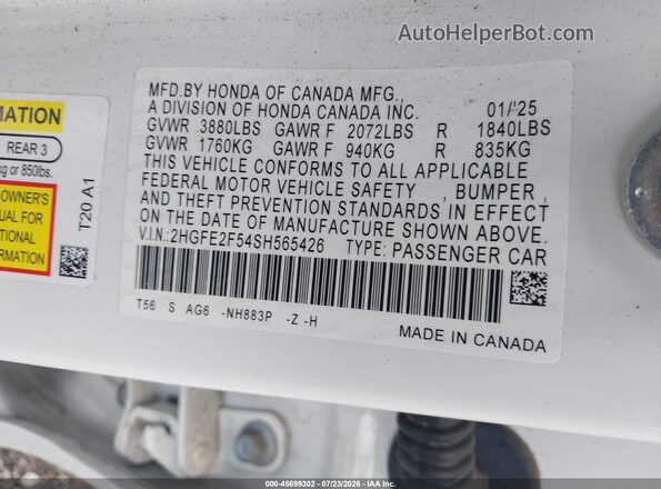 2HGFE2F54SH565426 2025 HONDA CIVIC White ძრავის განყოფილების ხედი
