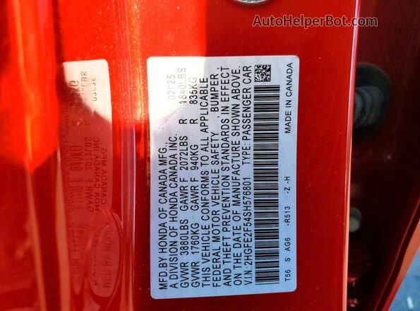 2HGFE2F54SH576801 2025 HONDA CIVIC Red VIN კოდის სტიკერის ხედი