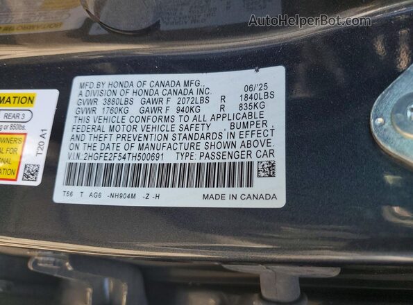2HGFE2F54TH500691 2026 HONDA CIVIC Charcoal Շարժիչի բաժամունքի տեսք