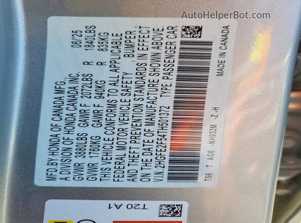 2HGFE2F54TH501372 2026 HONDA CIVIC Silver Widok naklejki z numerem VIN
