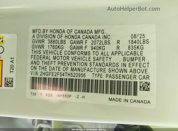 2HGFE2F54TH520956 2026 HONDA CIVIC White ძრავის განყოფილების ხედი