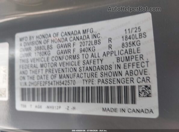 2HGFE2F54TH542570 2026 HONDA CIVIC Gray Vista del compartimento del motor