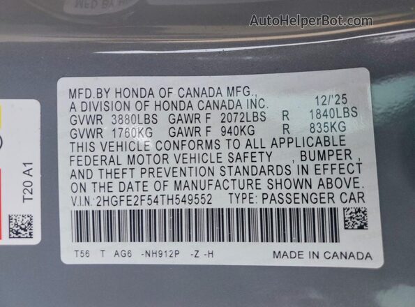 2HGFE2F54TH549552 2026 HONDA CIVIC Gray ძრავის განყოფილების ხედი