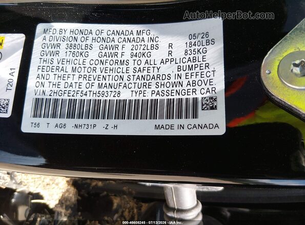 2HGFE2F54TH593728 2026 HONDA CIVIC Черный Вид подкапотного пространства