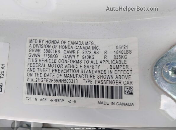2HGFE2F55NH503313 2022 HONDA CIVIC White Engine compartment view