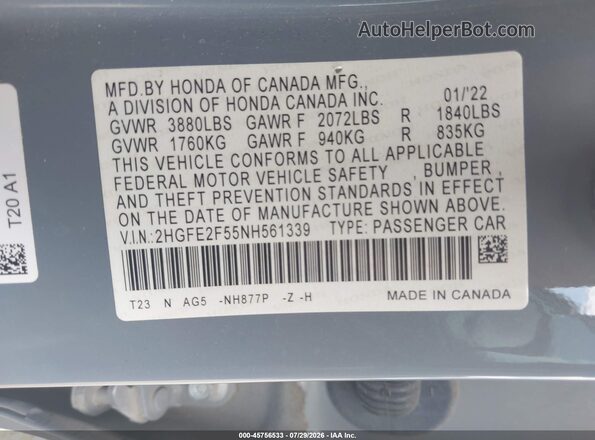 2HGFE2F55NH561339 2022 HONDA CIVIC Light Blue Вид підкапотного простору