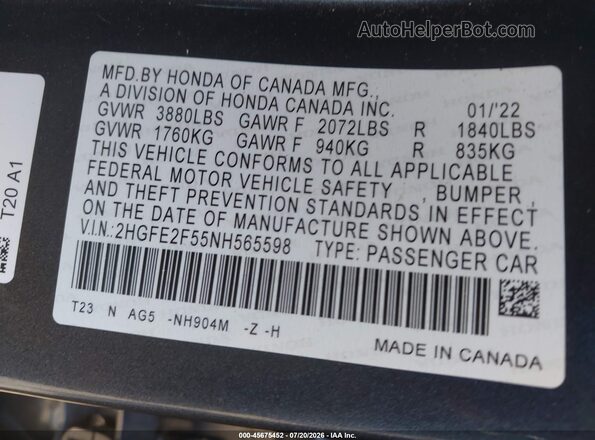 2HGFE2F55NH565598 2022 HONDA CIVIC Gray Вид підкапотного простору