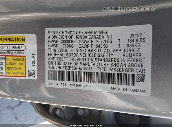 2HGFE2F55NH579033 2022 HONDA CIVIC Silver Շարժիչի բաժամունքի տեսք