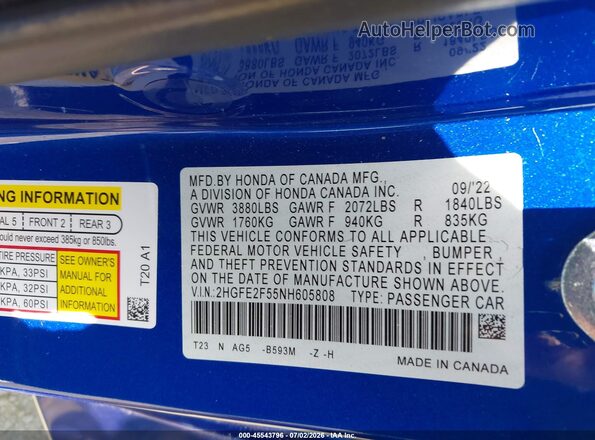2HGFE2F55NH605808 2022 HONDA CIVIC Blue Вид підкапотного простору