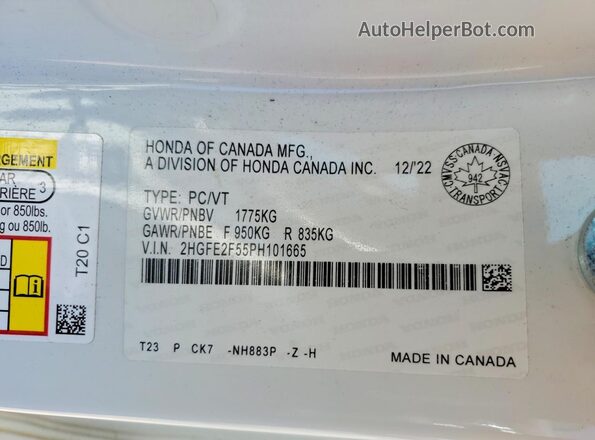 2HGFE2F55PH101665 2023 HONDA CIVIC White Вид підкапотного простору