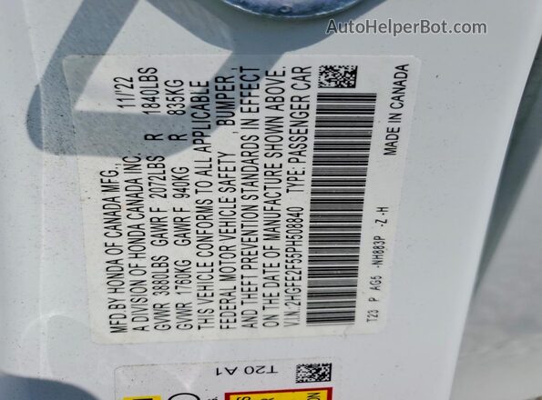 2HGFE2F55PH508840 2023 HONDA CIVIC White VIN კოდის სტიკერის ხედი