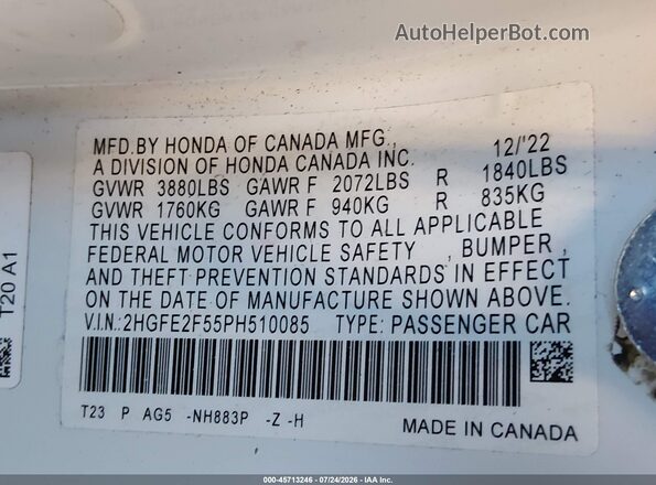 2HGFE2F55PH510085 2023 HONDA CIVIC White Engine compartment view