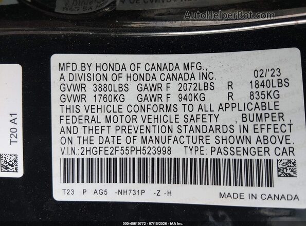 2HGFE2F55PH523998 2023 HONDA CIVIC Black Շարժիչի բաժամունքի տեսք