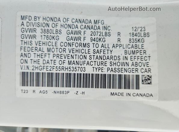 2HGFE2F55RH535703 2024 HONDA CIVIC White Engine compartment view