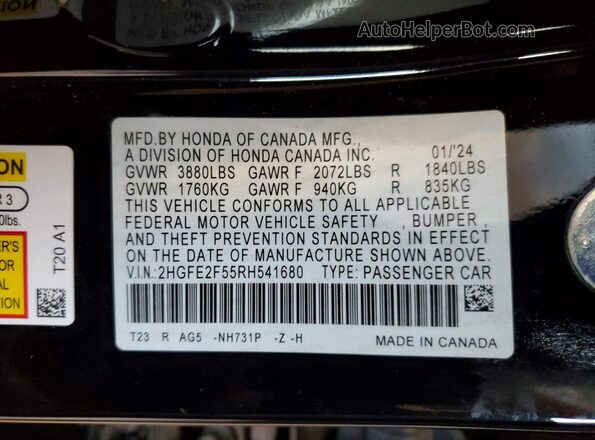 2HGFE2F55RH541680 2024 HONDA CIVIC Black Engine compartment view
