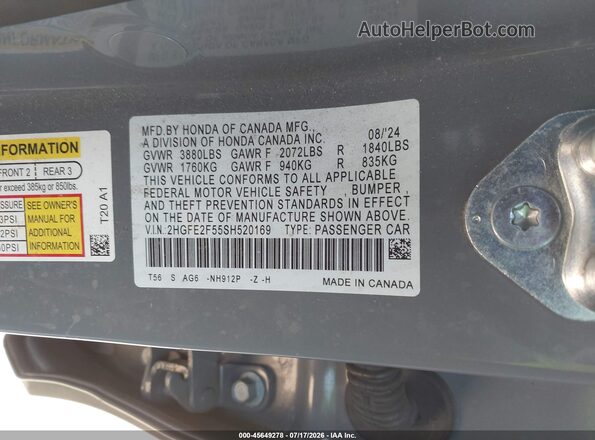 2HGFE2F55SH520169 2025 HONDA CIVIC Gray Widok komory silnika