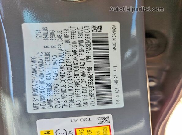 2HGFE2F55SH554208 2025 HONDA CIVIC Серый Вид наклейки с VIN-кодом