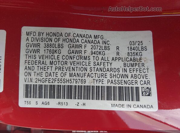 2HGFE2F55SH579769 2025 HONDA CIVIC Red Vista del compartimento del motor
