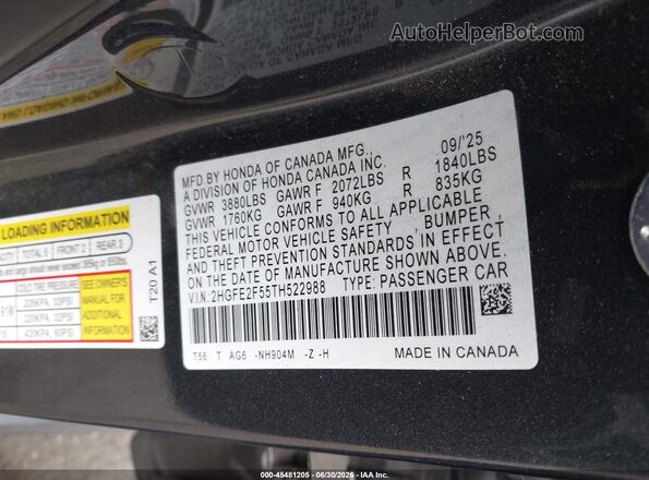 2HGFE2F55TH522988 2026 HONDA CIVIC Серый Вид подкапотного пространства