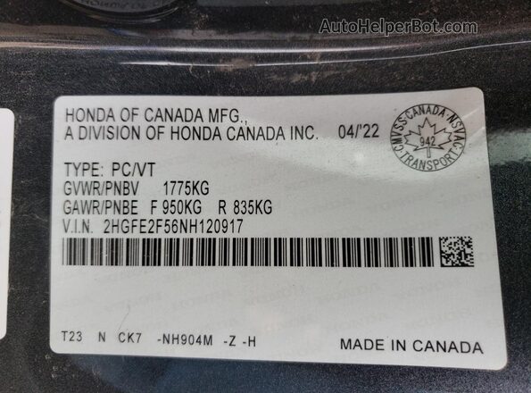 2HGFE2F56NH120917 2022 HONDA CIVIC Угольный Вид наклейки с VIN-кодом