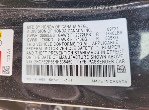 2HGFE2F56NH535459 2022 HONDA CIVIC Black Engine compartment view