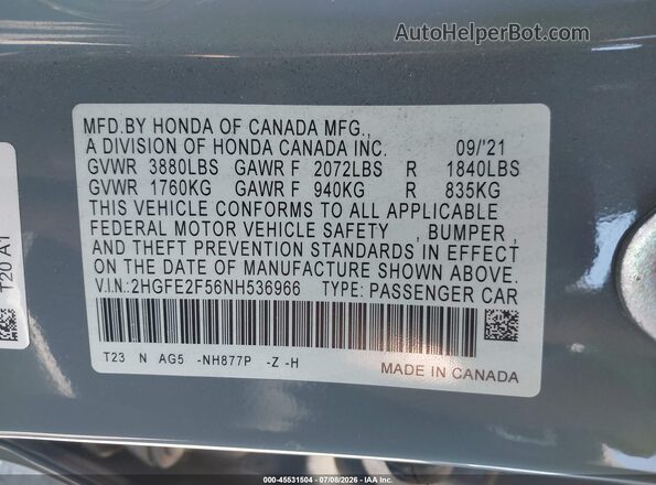 2HGFE2F56NH536966 2022 HONDA CIVIC Gray Вид підкапотного простору