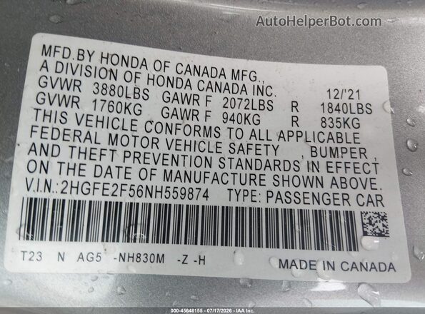 2HGFE2F56NH559874 2022 HONDA CIVIC Silver Widok komory silnika