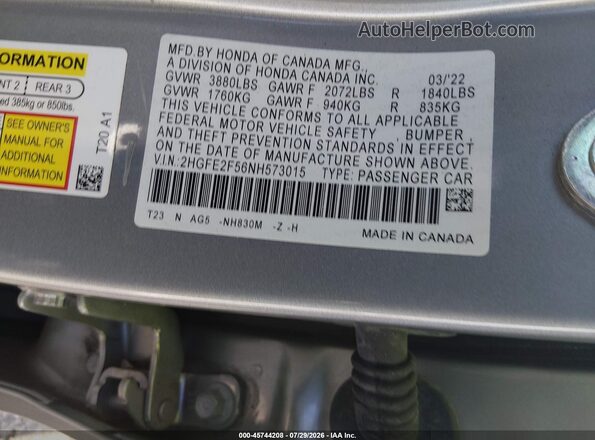 2HGFE2F56NH573015 2022 HONDA CIVIC Silver ძრავის განყოფილების ხედი