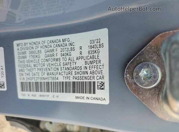 2HGFE2F56NH575654 2022 HONDA CIVIC Gray Շարժիչի բաժամունքի տեսք